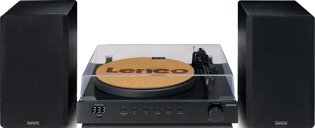 Platine vinyle noire avec deux haut-parleurs, dotée d'un couvercle transparent.