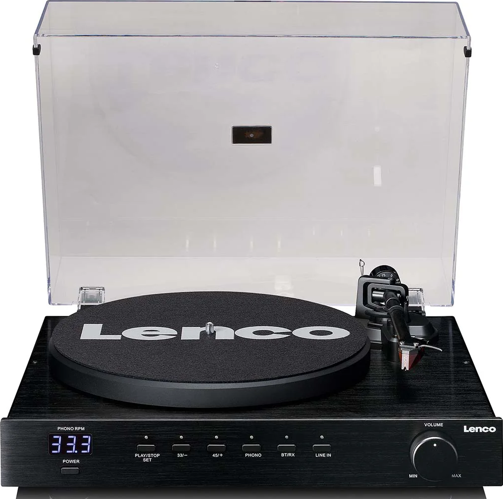 Une platine vinyle Lenco noire avec capot anti-poussière transparent, affiche 33,3 tours.