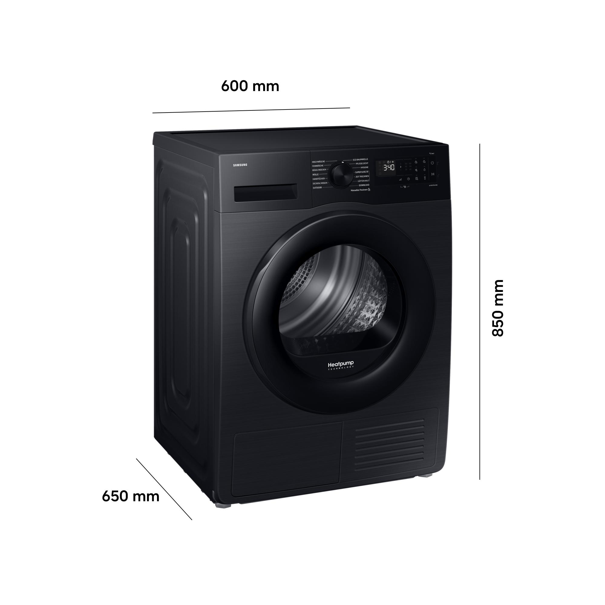 Schwarzer Samsung Wärmepumpentrockner mit 60x65x85 cm Maßen.