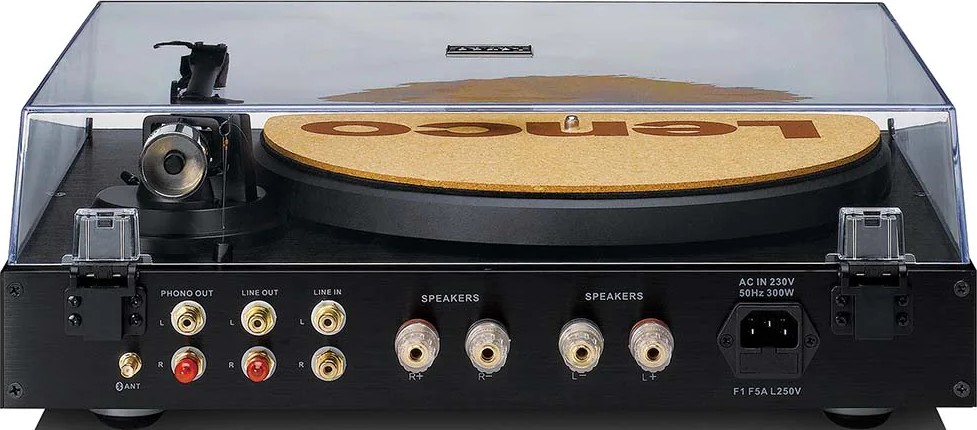 Arrière d'une platine vinyle montrant les connexions : Phono Out, Line Out, Haut-parleurs, entrée CA.