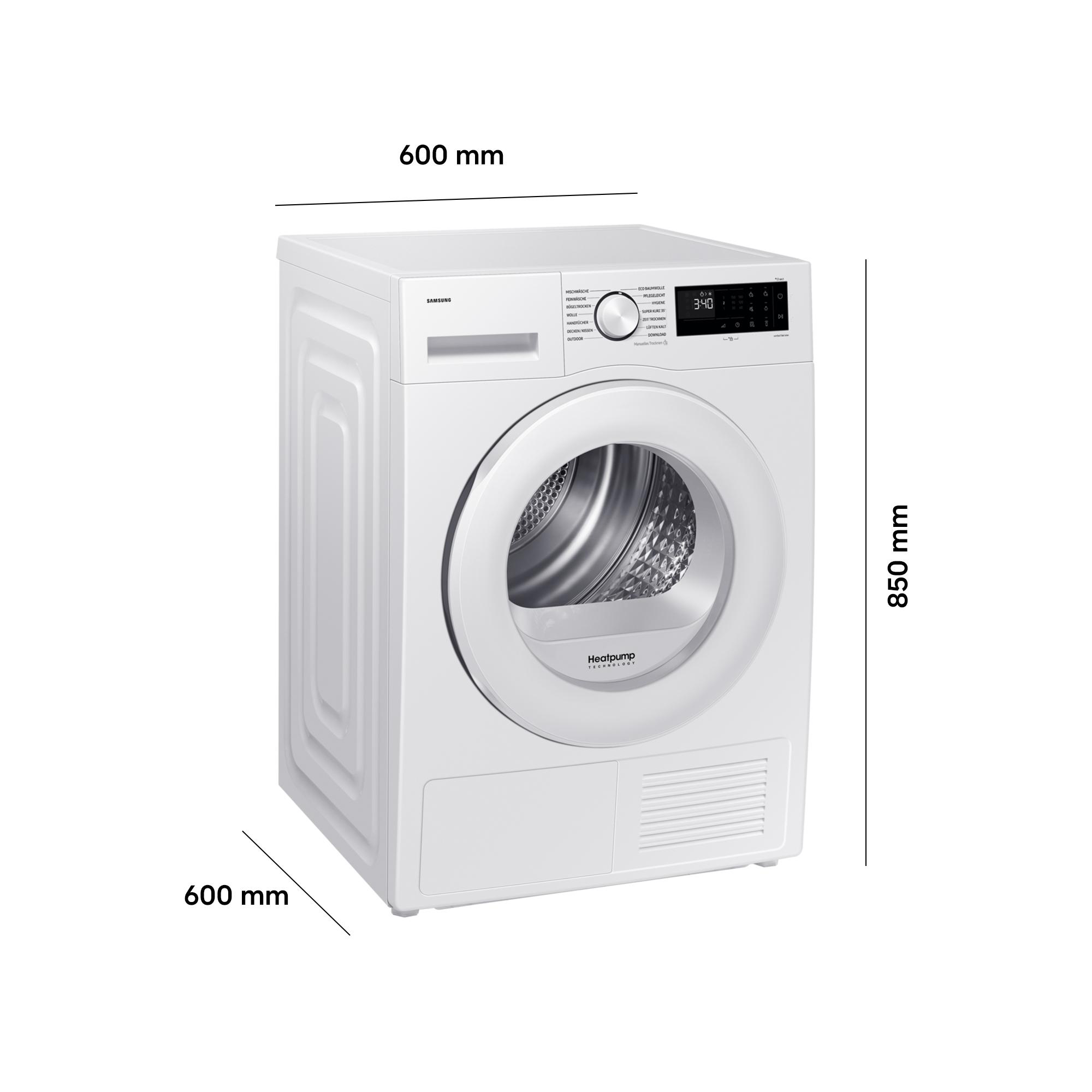 Weiße Samsung Wärmepumpentrockner mit Display, Maße 600x850x600mm.