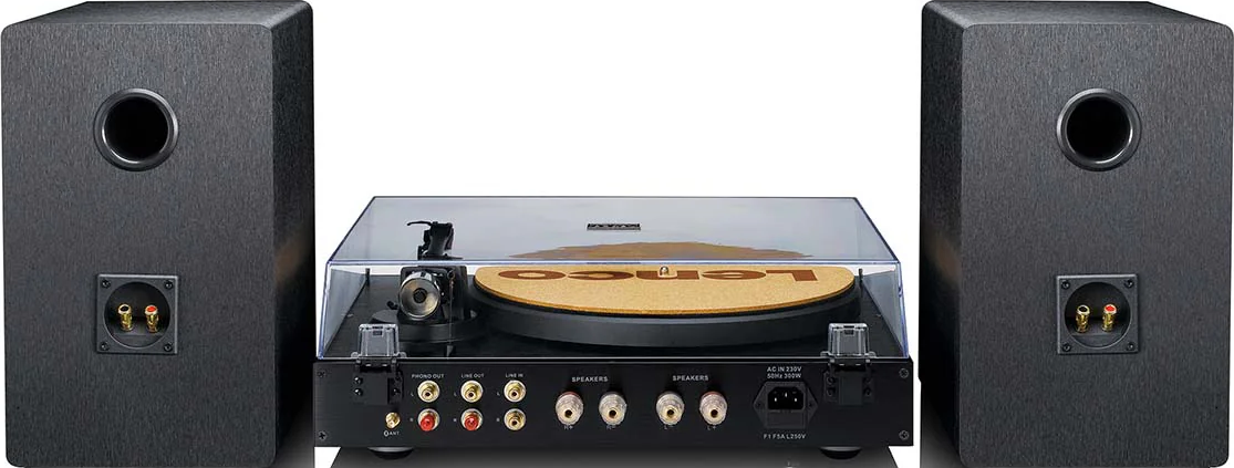 Platine vinyle noire avec deux haut-parleurs, connexions détaillées et plateau.