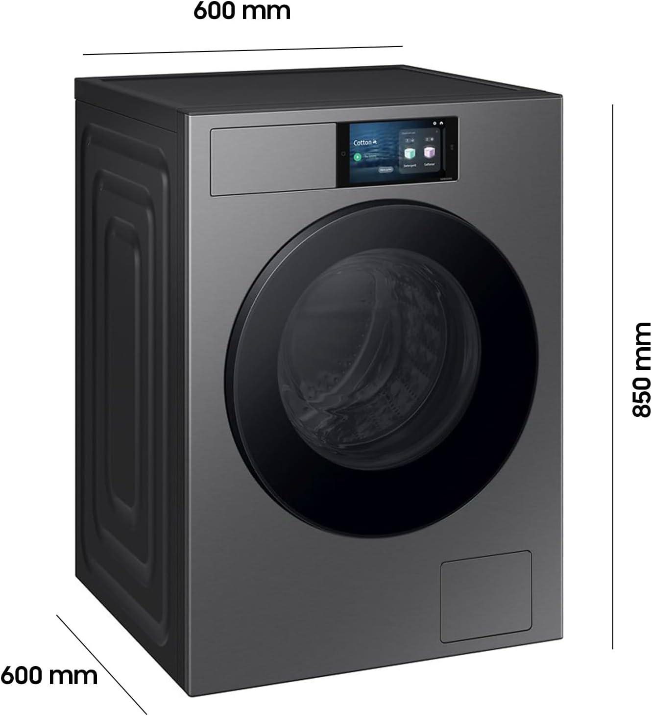 Schwarze Waschmaschine mit Touchscreen-Display und runder Tür. Maße 600x600x850mm.