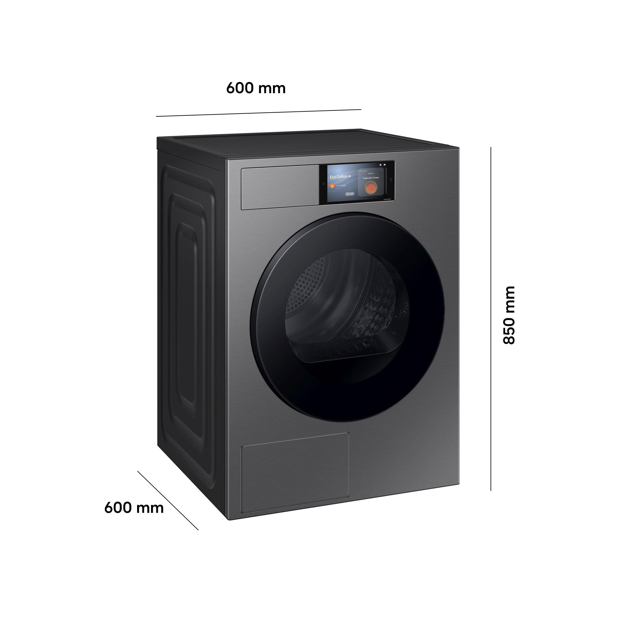 Grauer Wäschetrockner mit Touchscreen-Display, 600x850x600mm.
