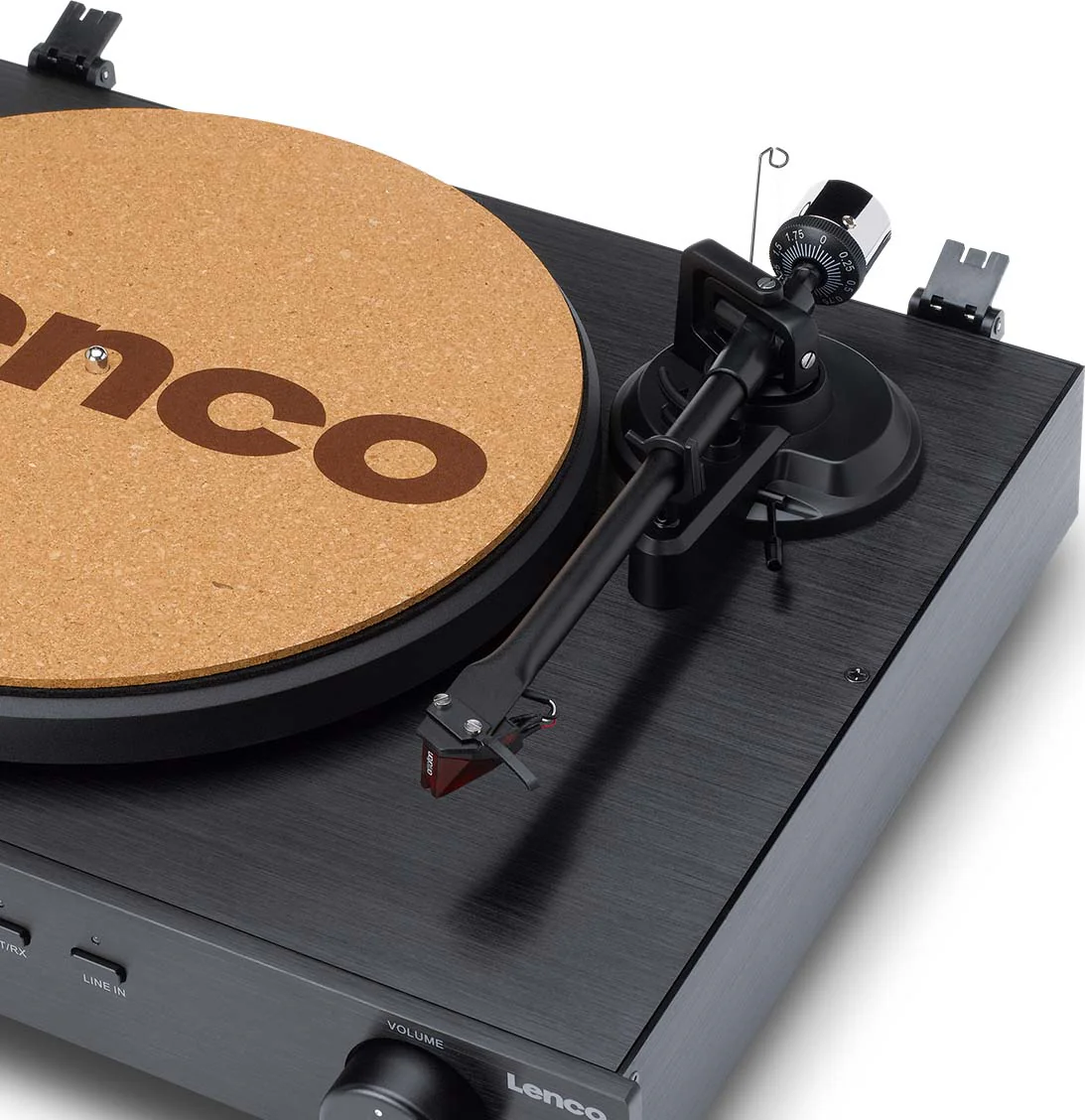 Platine vinyle noire avec tapis en liège marron et bras.