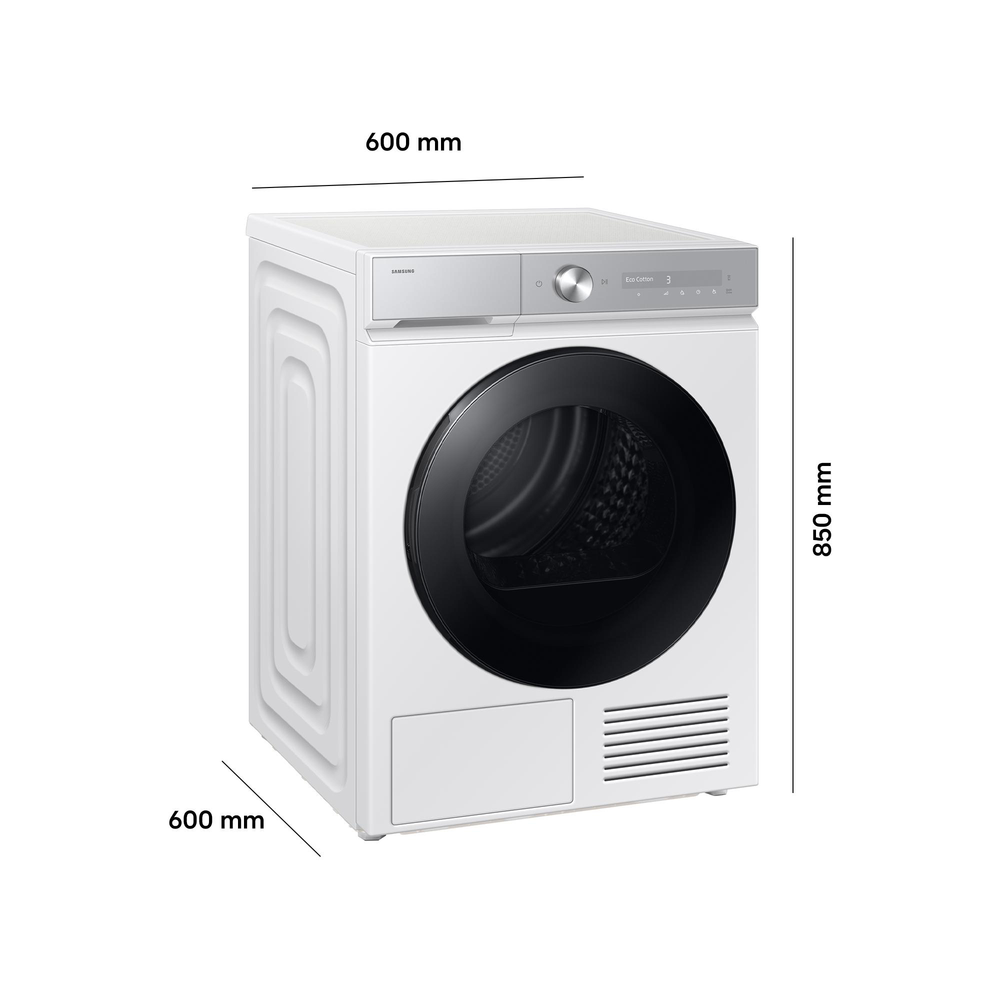 Weiße Samsung Wäschetrockner, 600x600x850mm, mit silberner Steuerung.