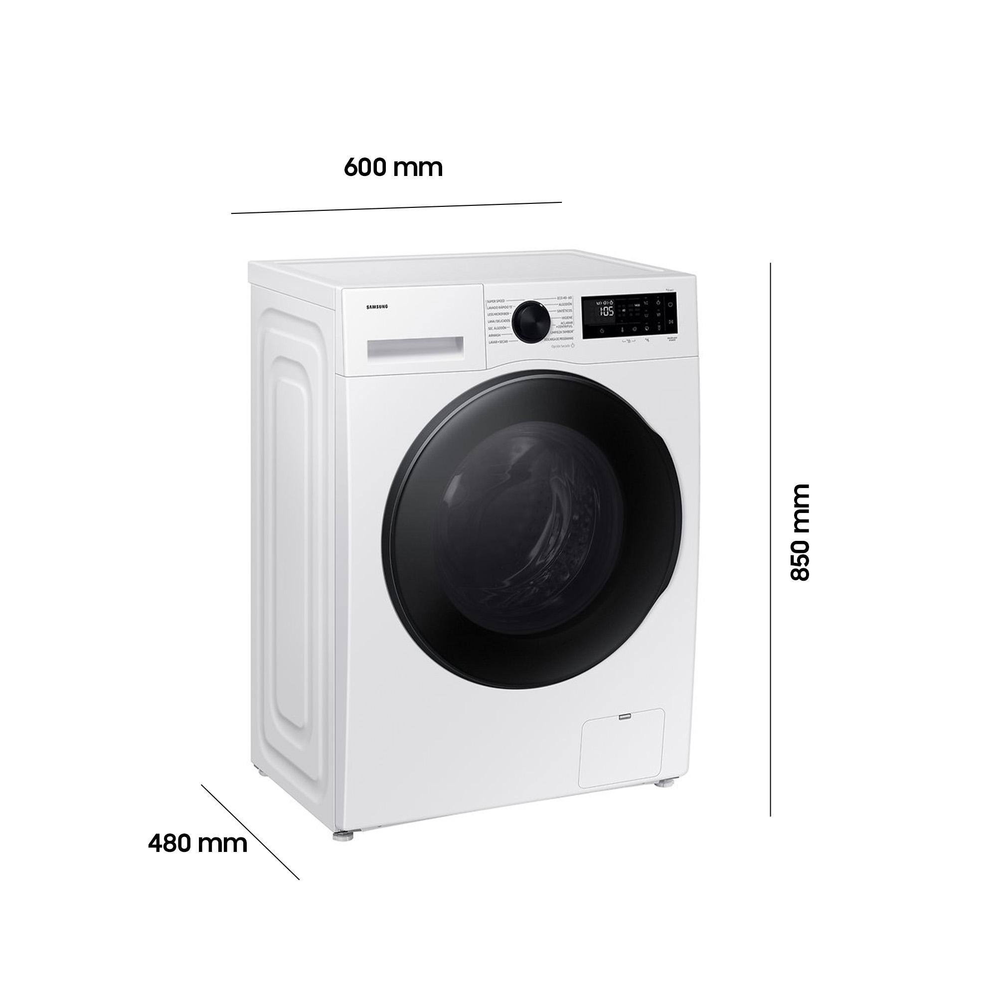 Eine weiße Samsung Waschmaschine mit digitalen Anzeigen und Maßen.