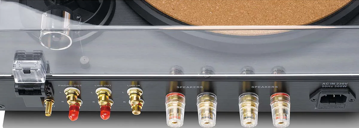 Arrière d'une platine vinyle montrant les connexions phono, entrée/sortie ligne et haut-parleur.