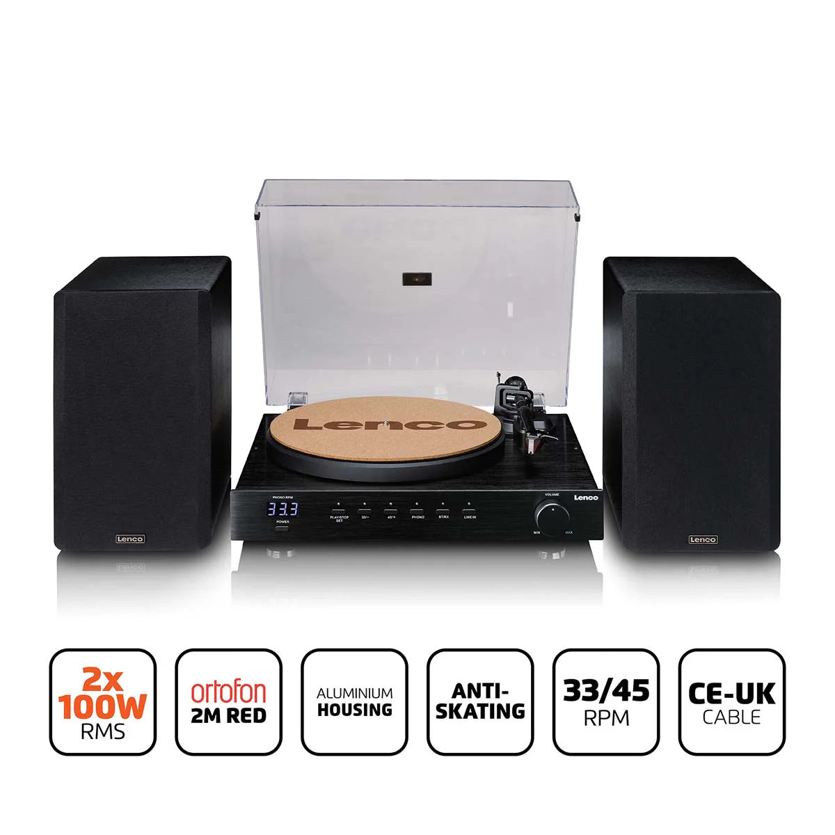 Platine vinyle noire avec deux haut-parleurs et capot transparent.