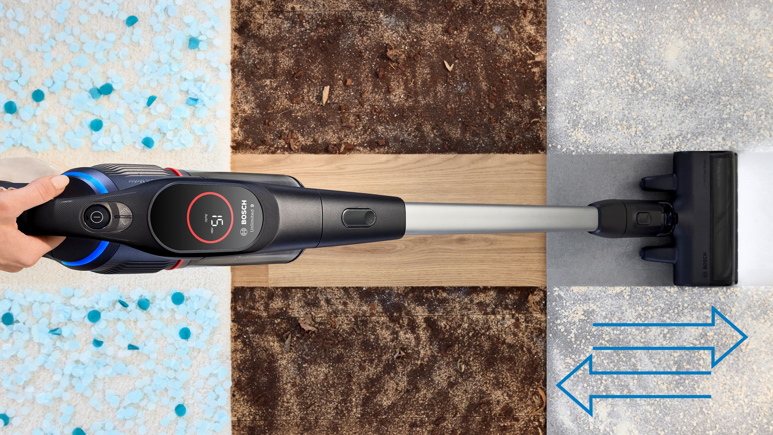 Bosch Akku-Staubsauger reinigt Teppich, Erde und Granulat. Anzeige 15 Min.