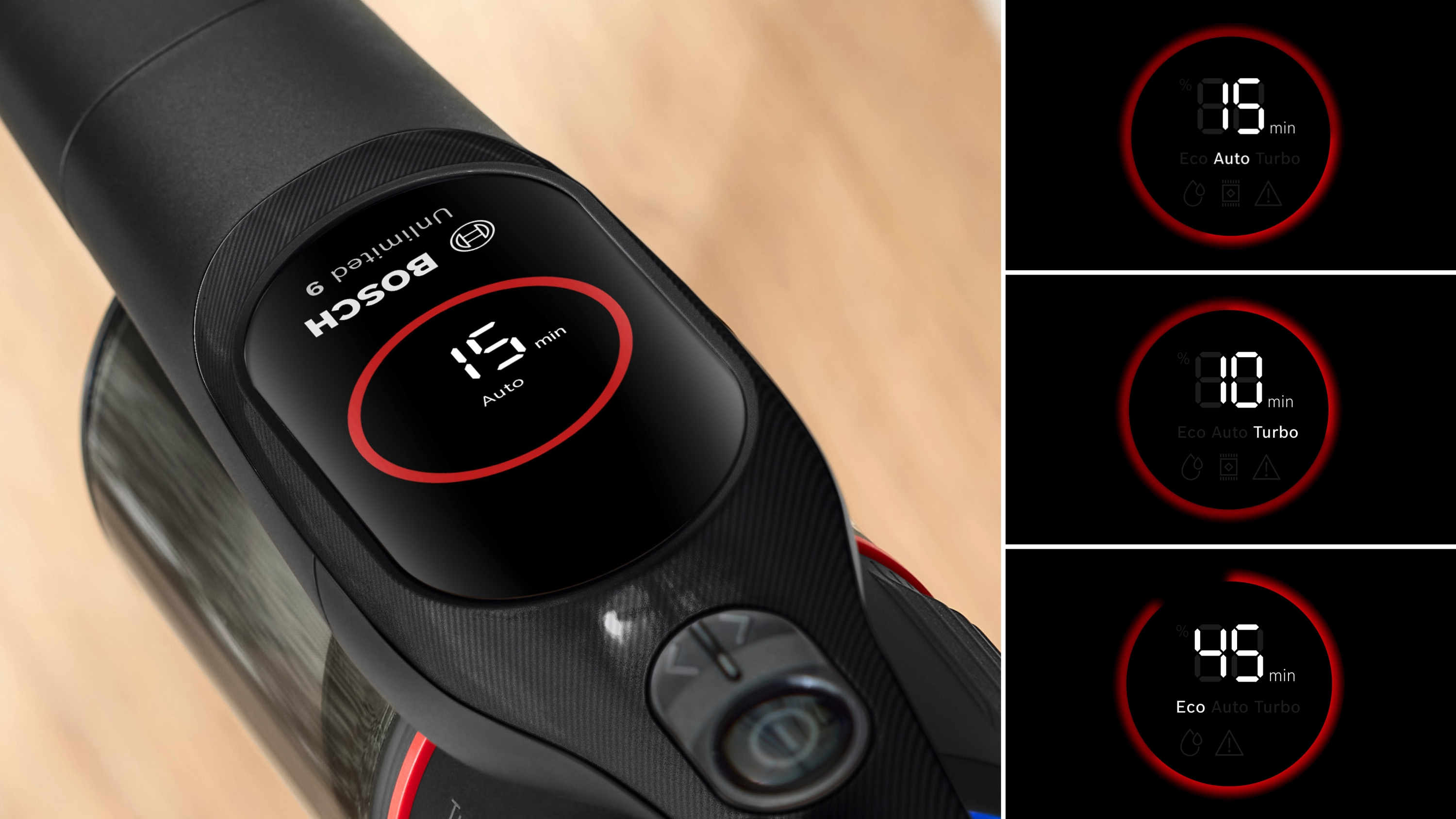 Bosch Staubsauger mit Digitalanzeige zeigt 15, 80 und 45 Minuten Akkulaufzeit.