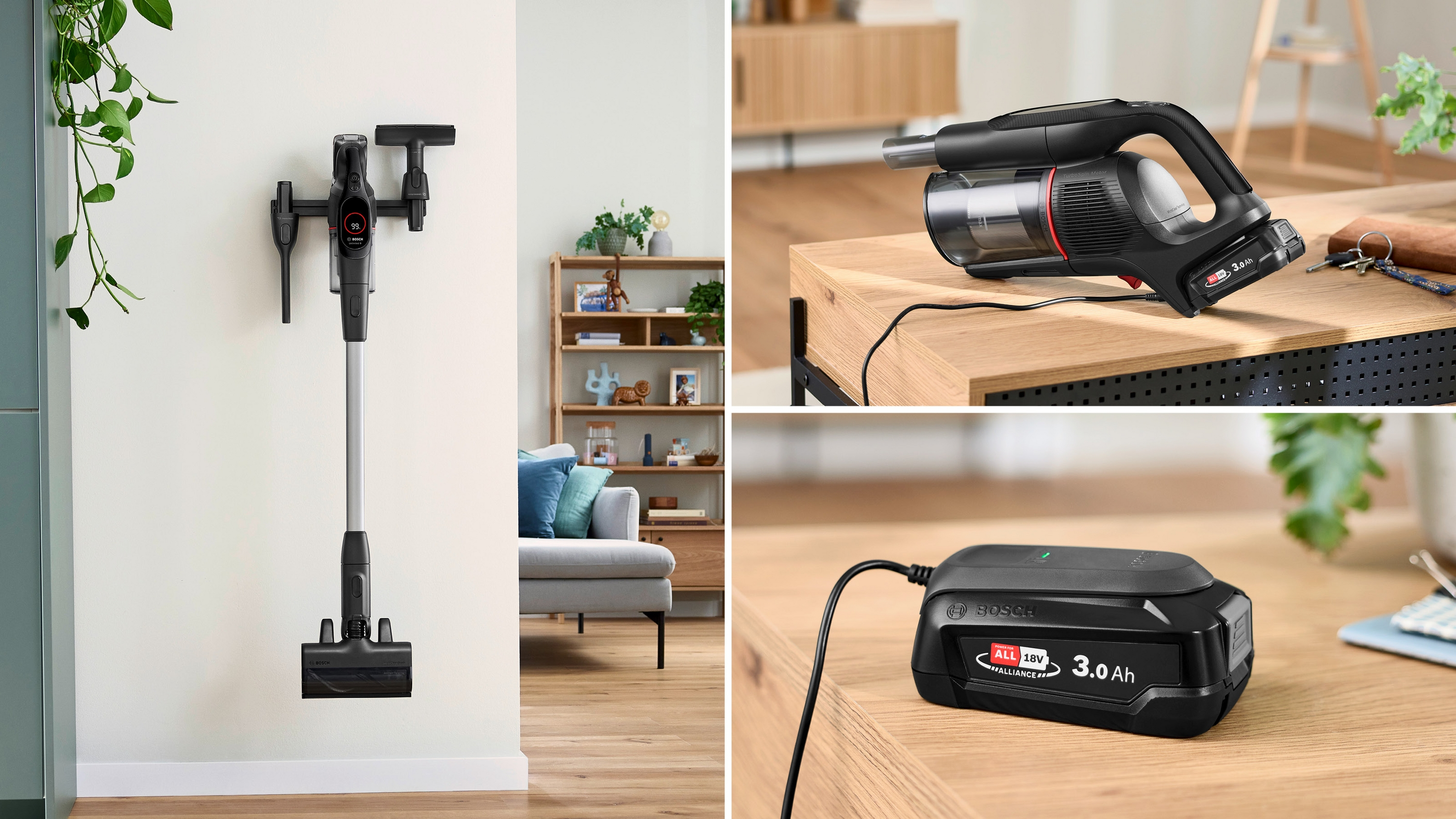 Kabelloser Bosch Staubsauger an der Wand, auf einem Tisch und Ladegerät.