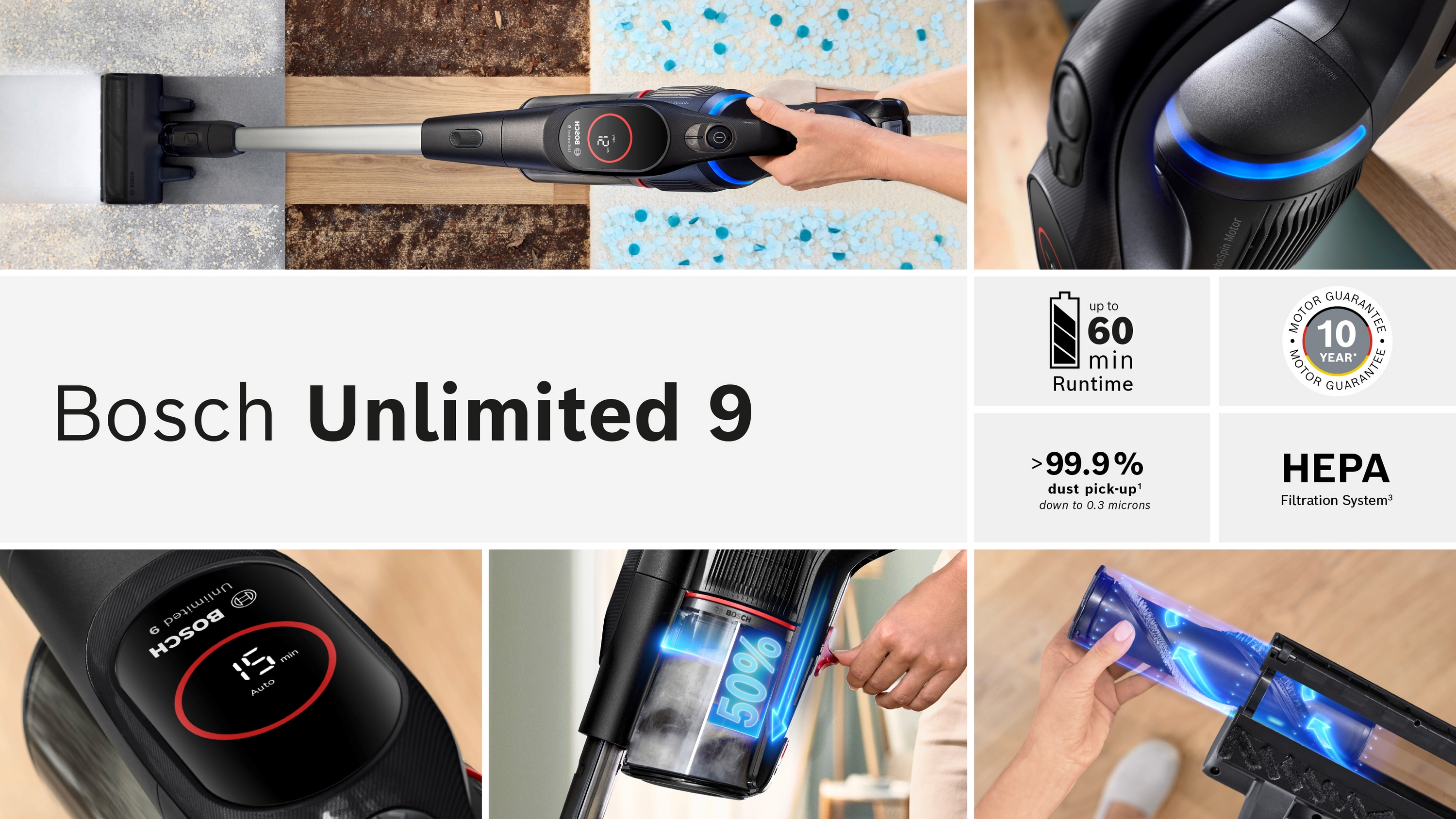 Bosch Unlimited 9 Staubsauger mit verschiedenen Aufsätzen und Merkmalen.