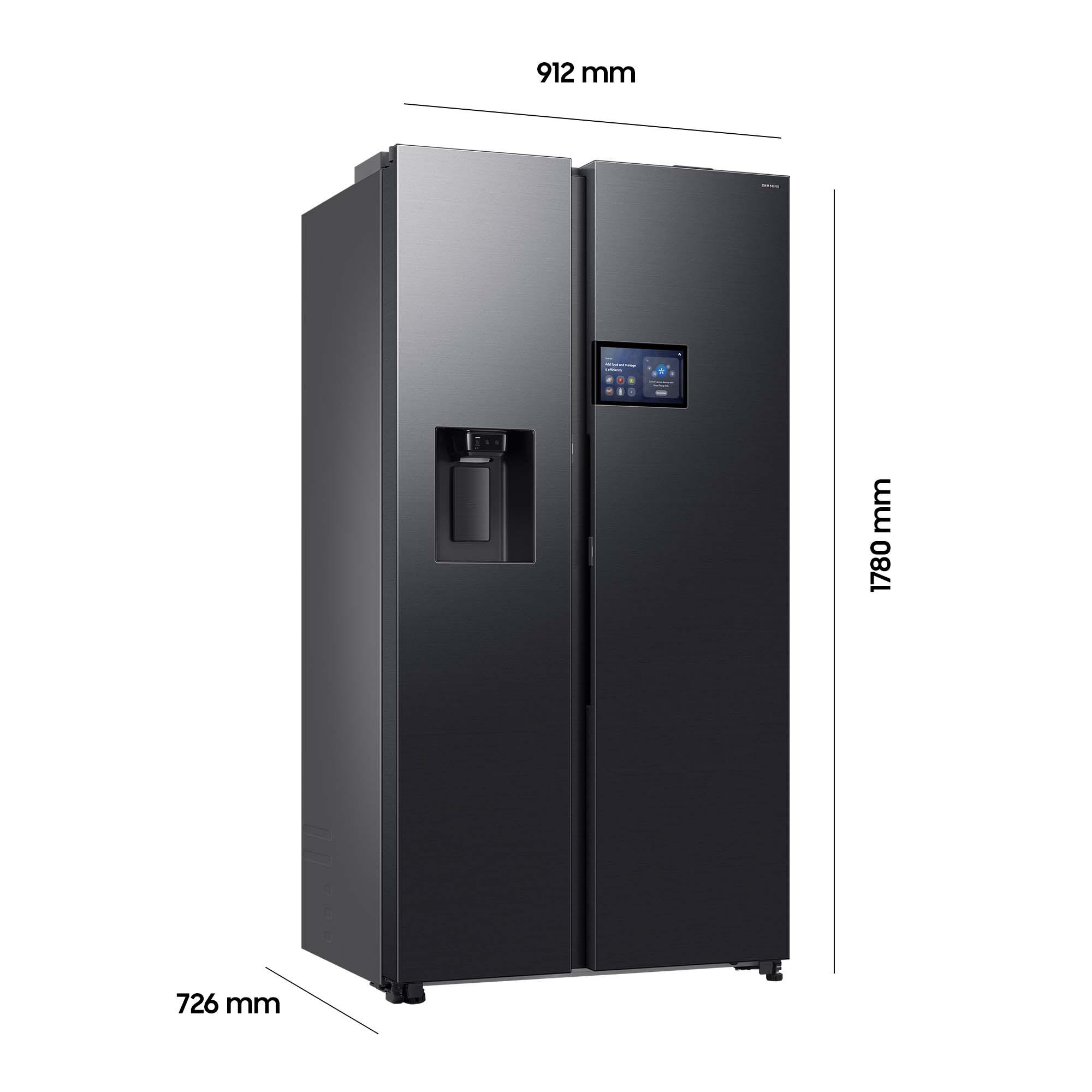 Ein schwarzer Kühlschrank mit zwei Türen, Wasserspender und Touchscreen.