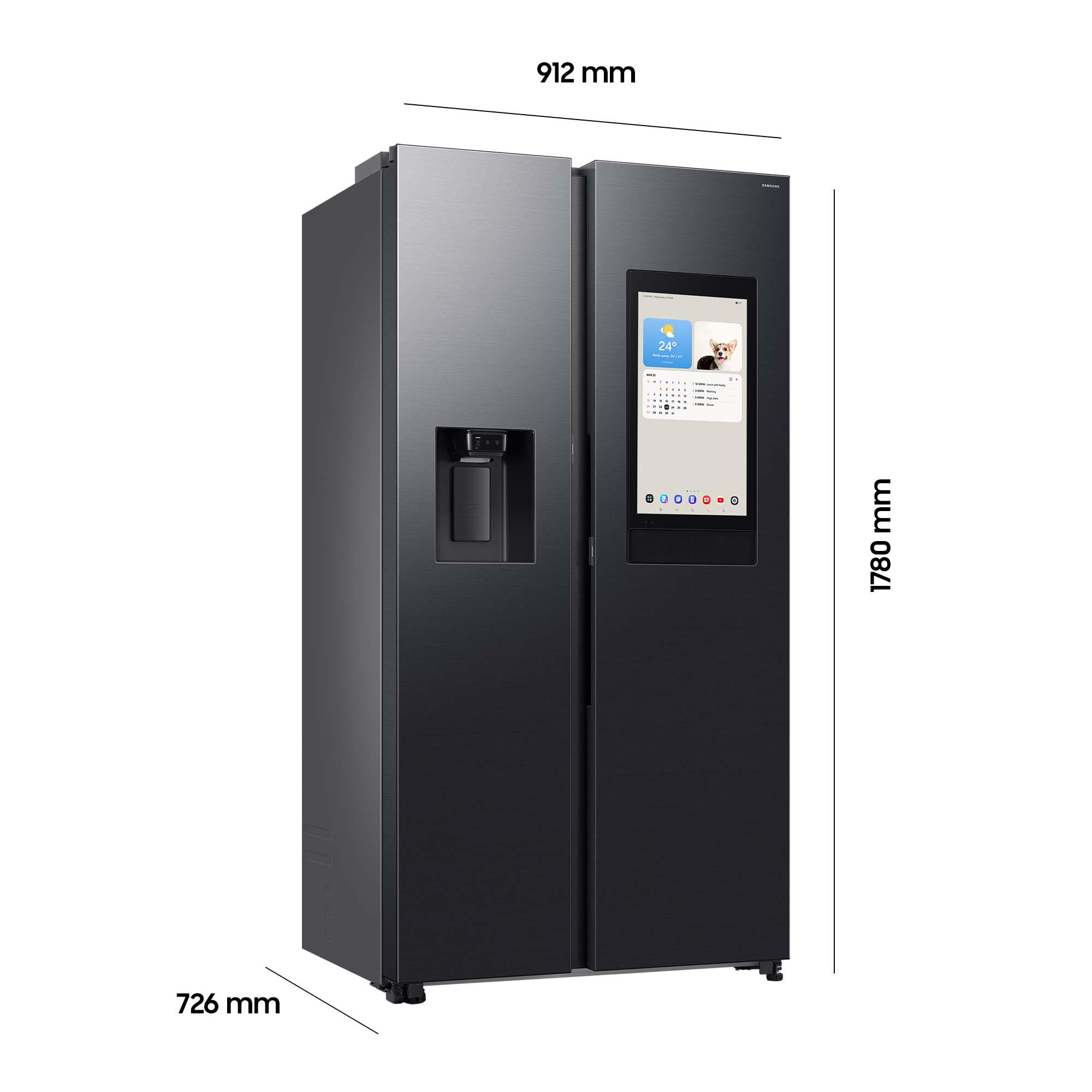 Schwarzer Kühlschrank mit Touchscreen-Display, Wasserspender und Maßangaben.