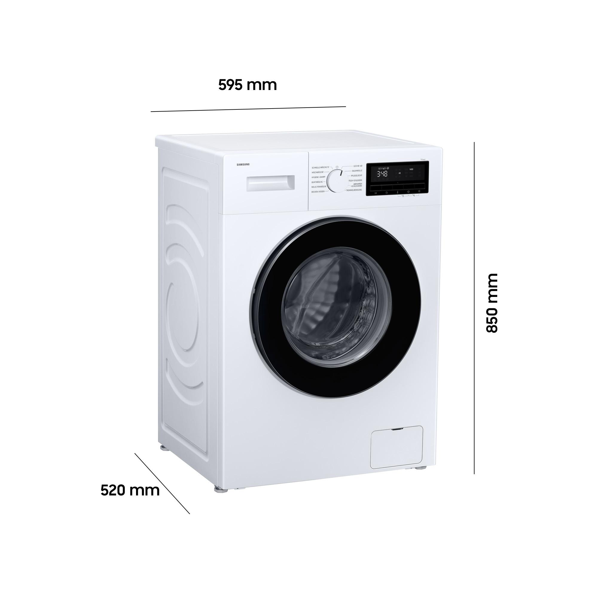 Eine weiße Samsung Waschmaschine mit schwarzer Tür und Display. Maße: 59,5x85x52cm.