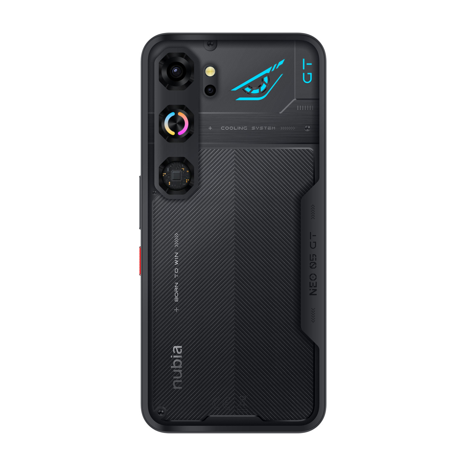 Custodia nera per telefono con logo sistema di raffreddamento, fotocamera e testo.