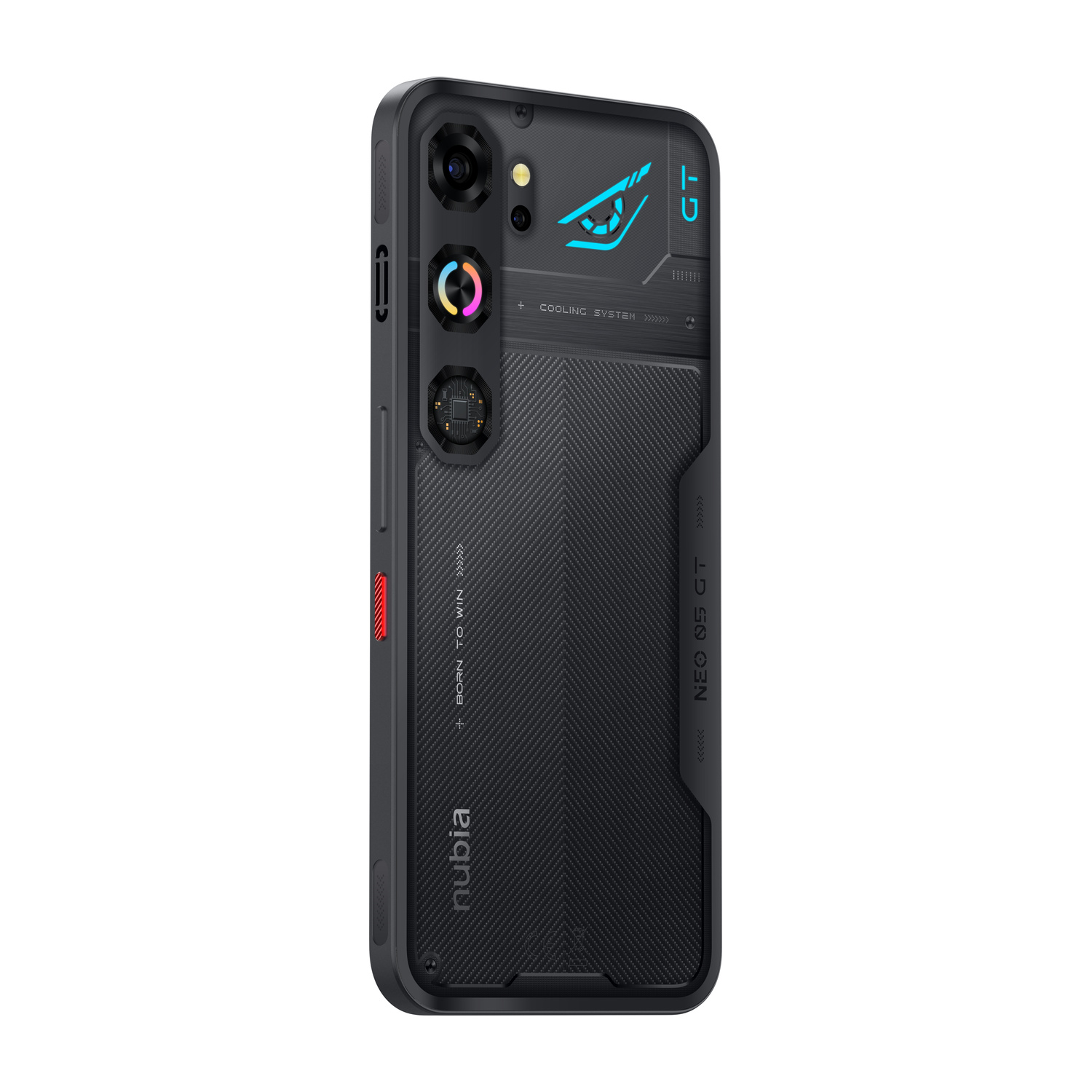Telefono nero con logo sistema di raffreddamento e scritta 'GT'. Logo nubia in basso.