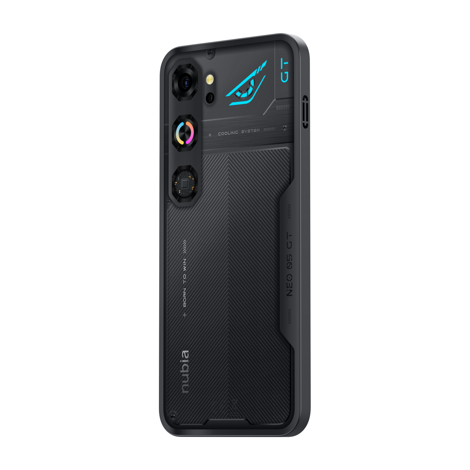 Telefono nero con anello rosso attorno alla fotocamera e logo blu.