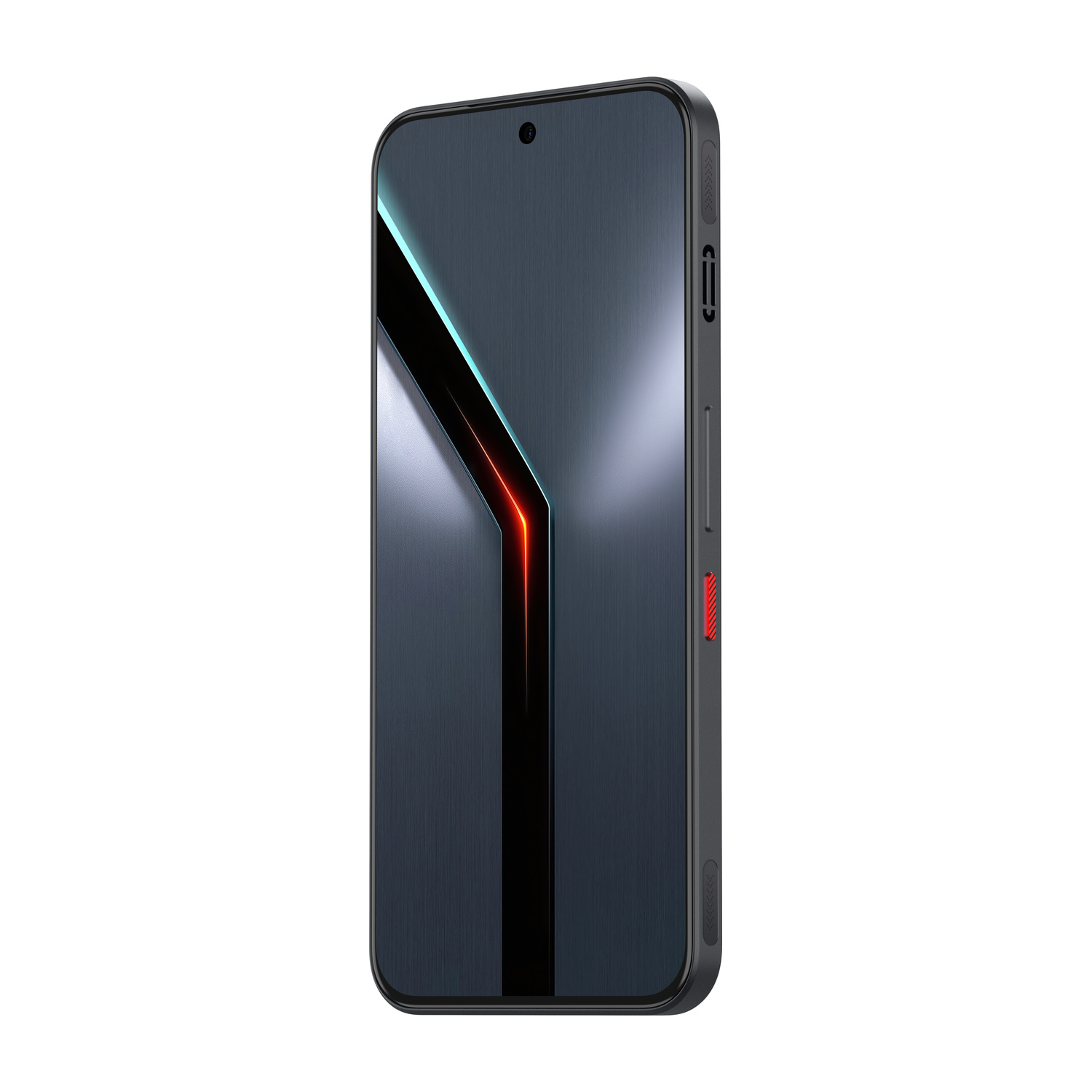 Smartphone grigio scuro con accento rosso e motivo a forma di Y illuminato sullo schermo.