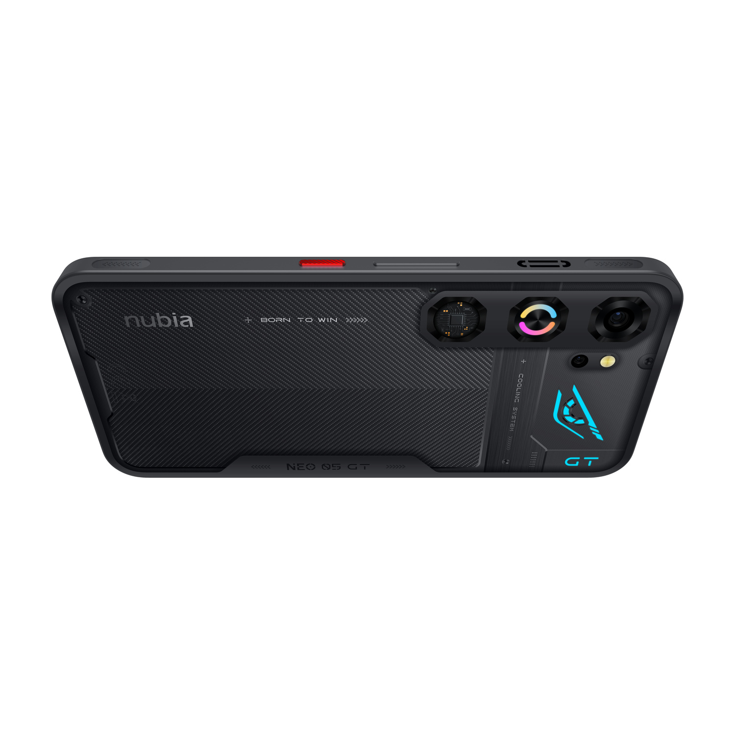 Smartphone nero con ventole, fotocamere e logo GT blu.