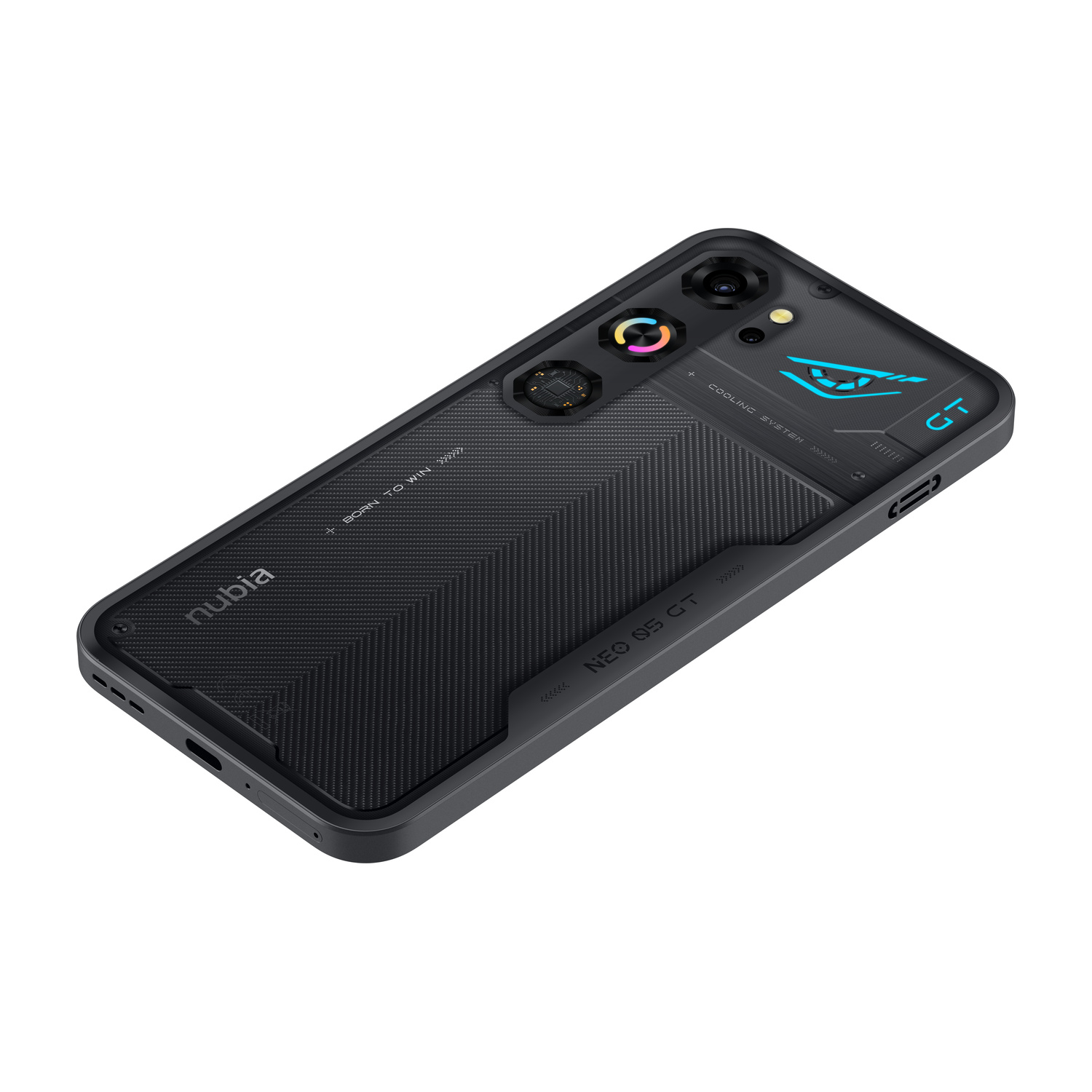 Telefono gaming Nubia nero con testo "BORN TO WIN" e "GT". Sistema di raffreddamento visibile.