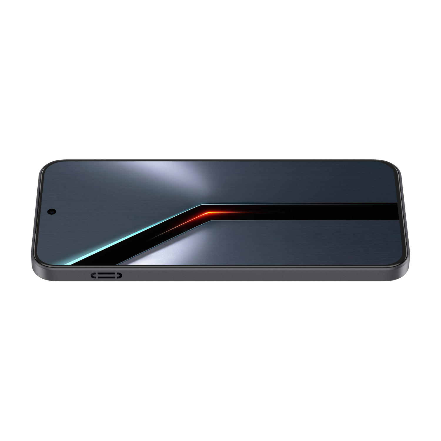 Uno smartphone scuro con finitura metallica e accenti luminosi rossi e blu.