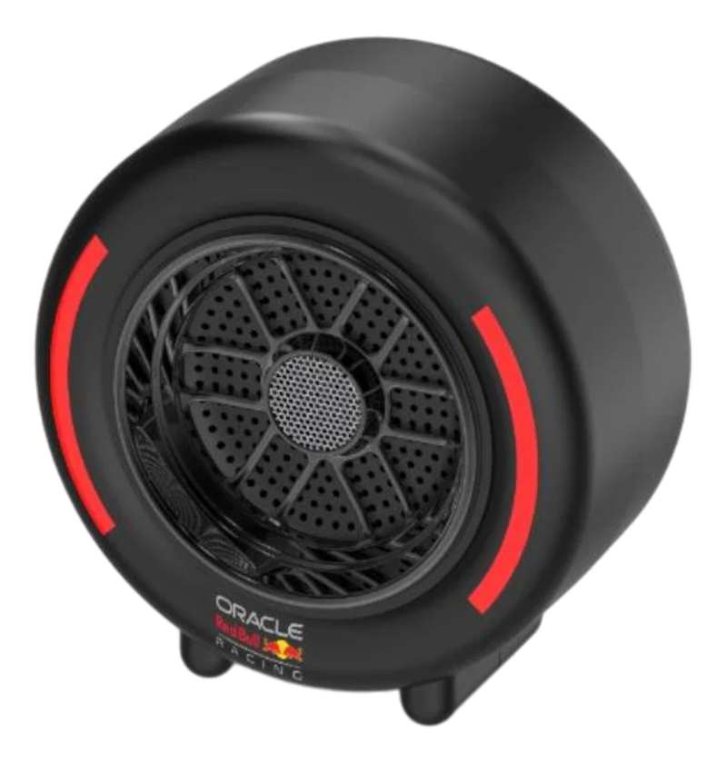 Haut-parleur noir en forme de pneu, accents rouges et logo Oracle Red Bull Racing.