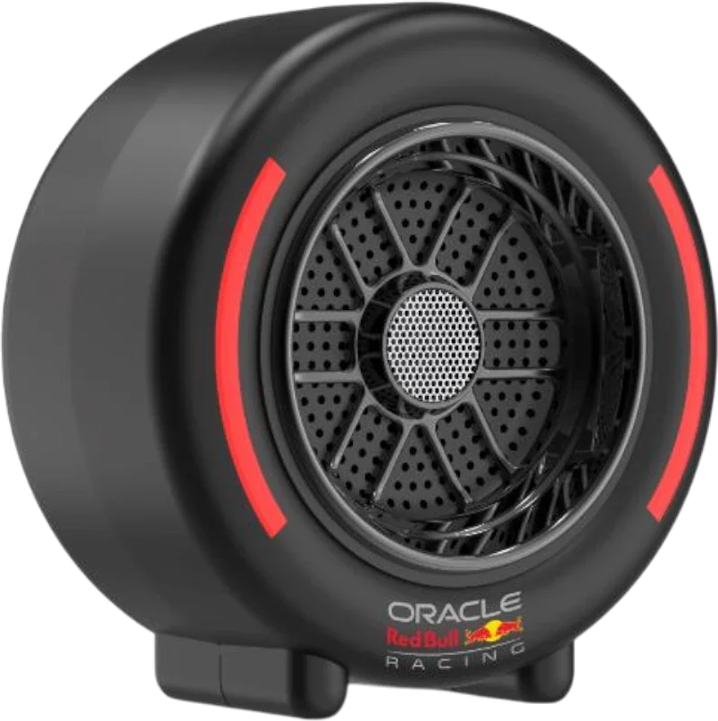 Haut-parleur noir design pneu, rayures rouges, logo Oracle Red Bull Racing.