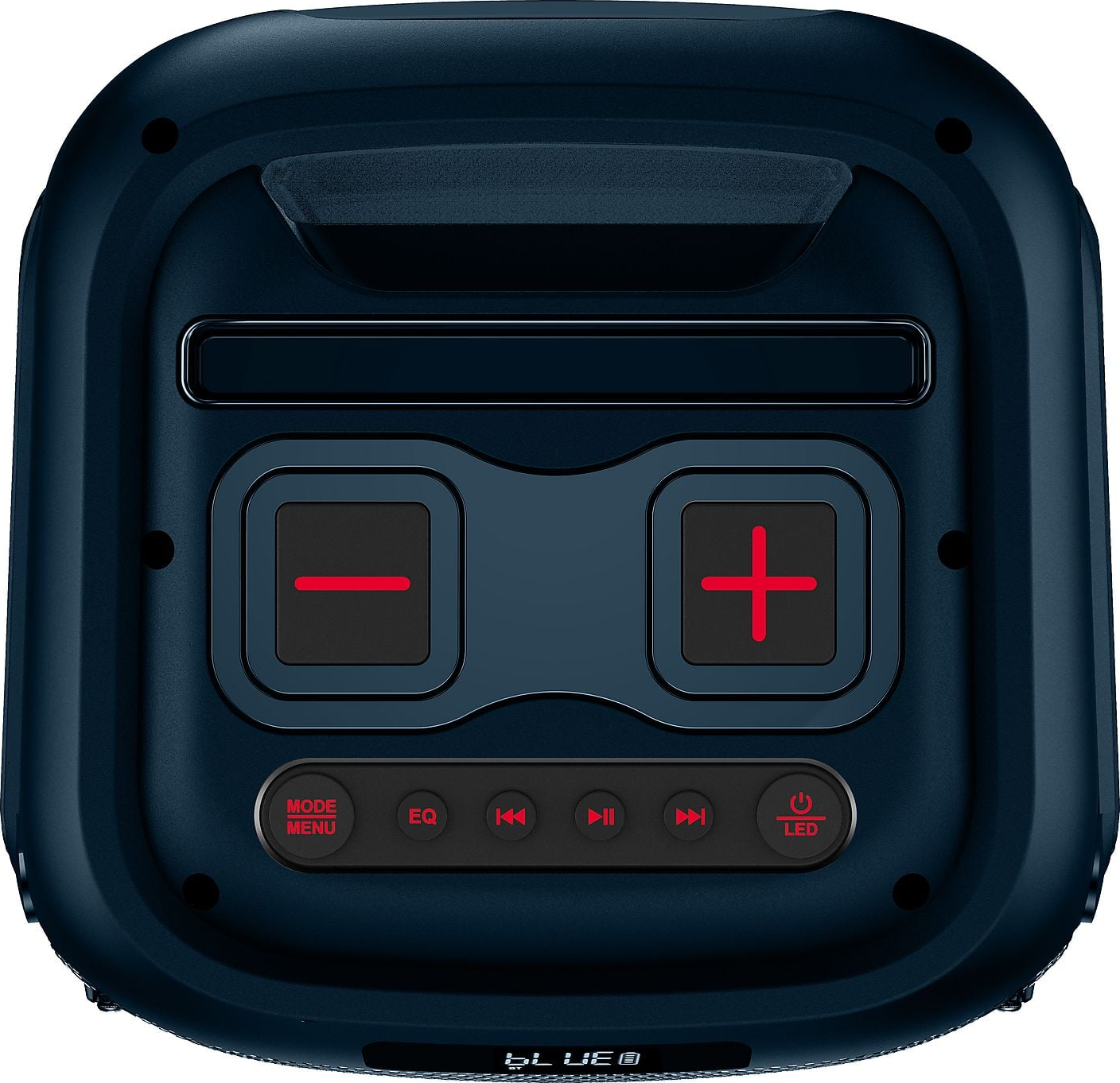 Dunkelblaue Bluetooth-Box mit Bedienelementen: Lautstärke plus/minus, Modus, EQ, Wiedergabe/Pause, Vor/Zurück, LED.