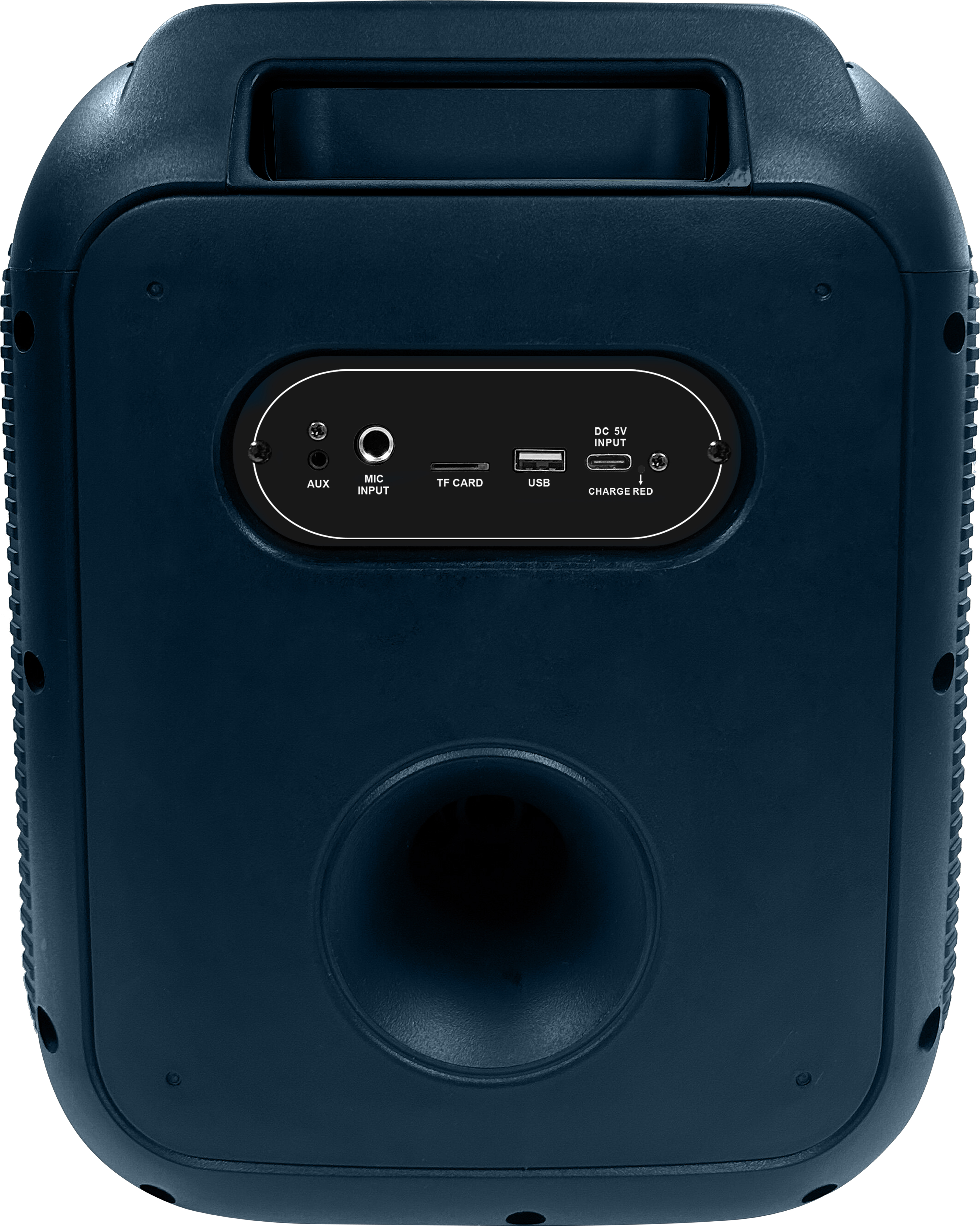 Dunkelblaue Lautsprecherrückseite mit Anschlüssen: AUX, Mikrofon, TF-Karte, USB, DC 5V Eingang.