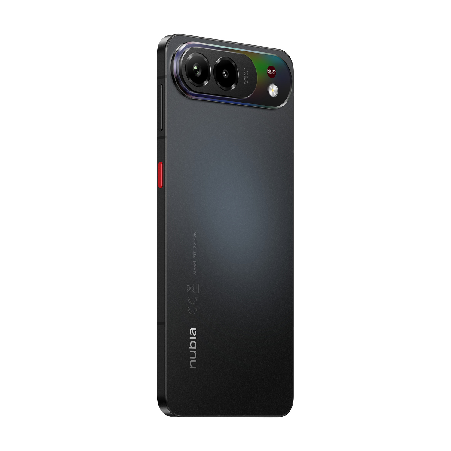 Retro di uno smartphone ZTE Nubia nero con modulo fotocamera e accento rosso.