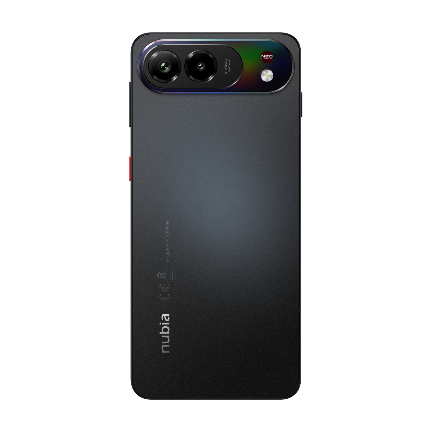 Retro di uno smartphone ZTE Nubia nero con tre fotocamere e logo.