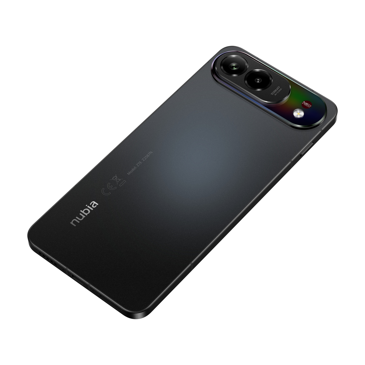Retro di uno smartphone nero con doppia fotocamera e logo Nubia.