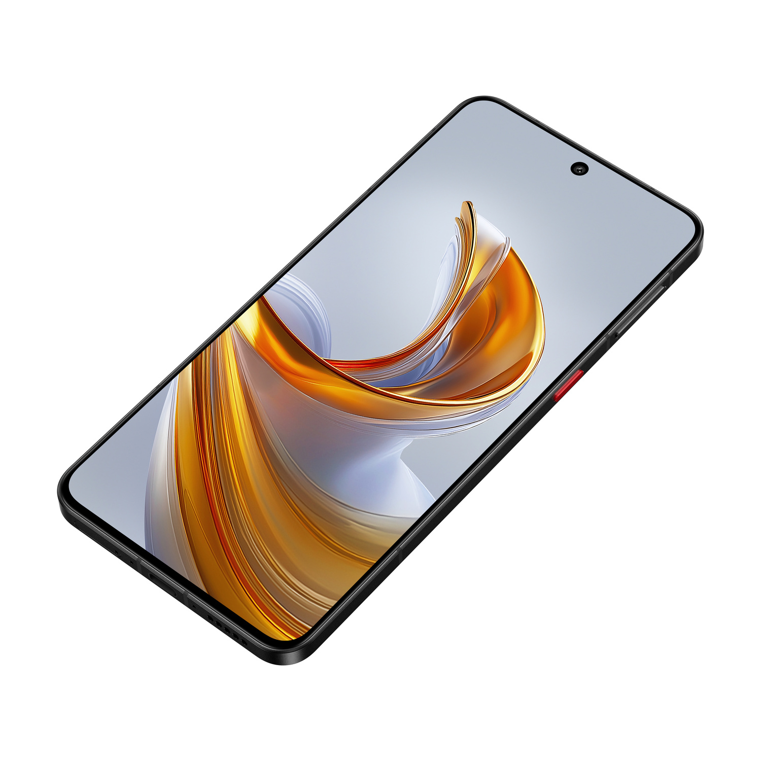 Uno smartphone nero con un motivo astratto dorato sullo schermo.