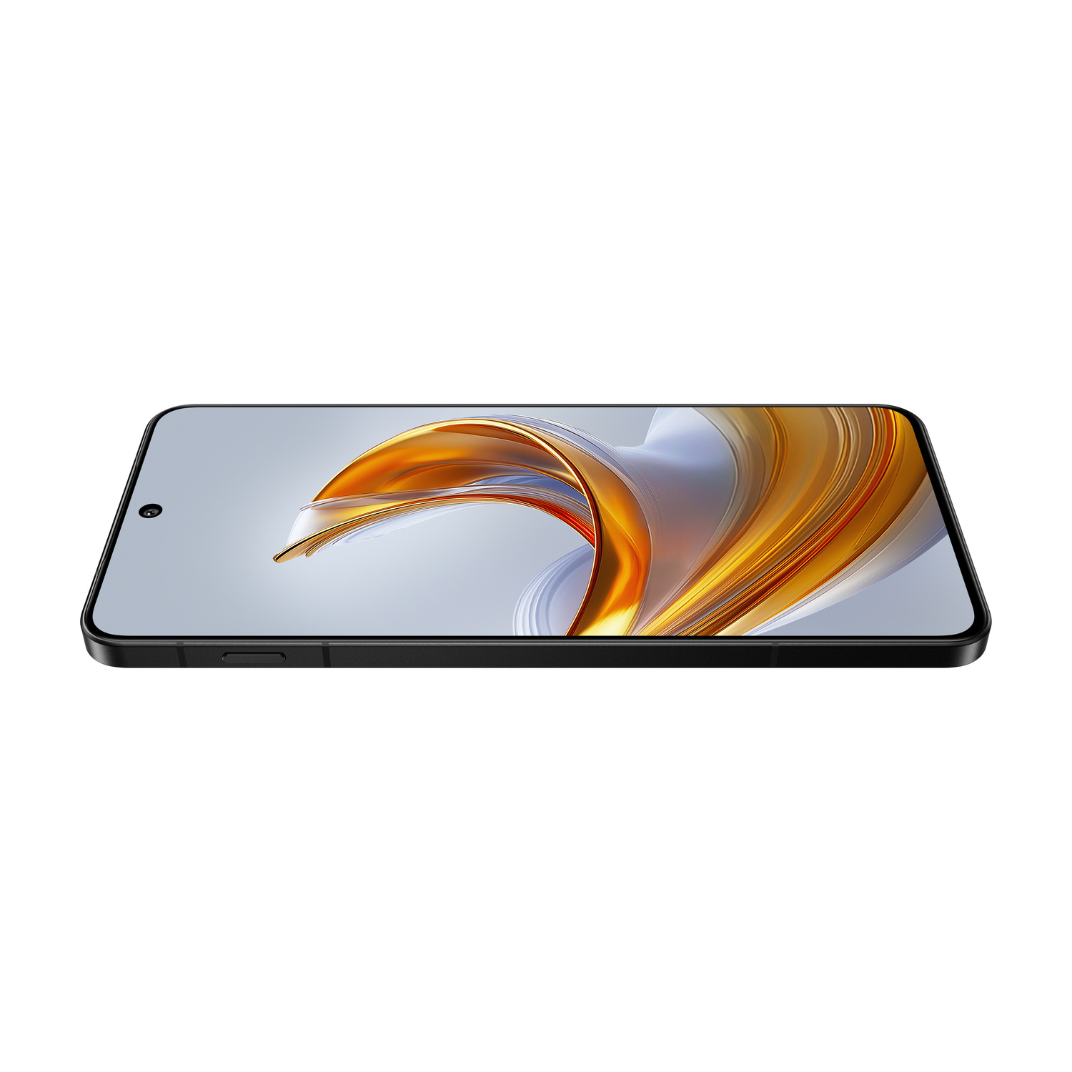 Smartphone nero con grafica astratta dorata sullo schermo, sfondo bianco.