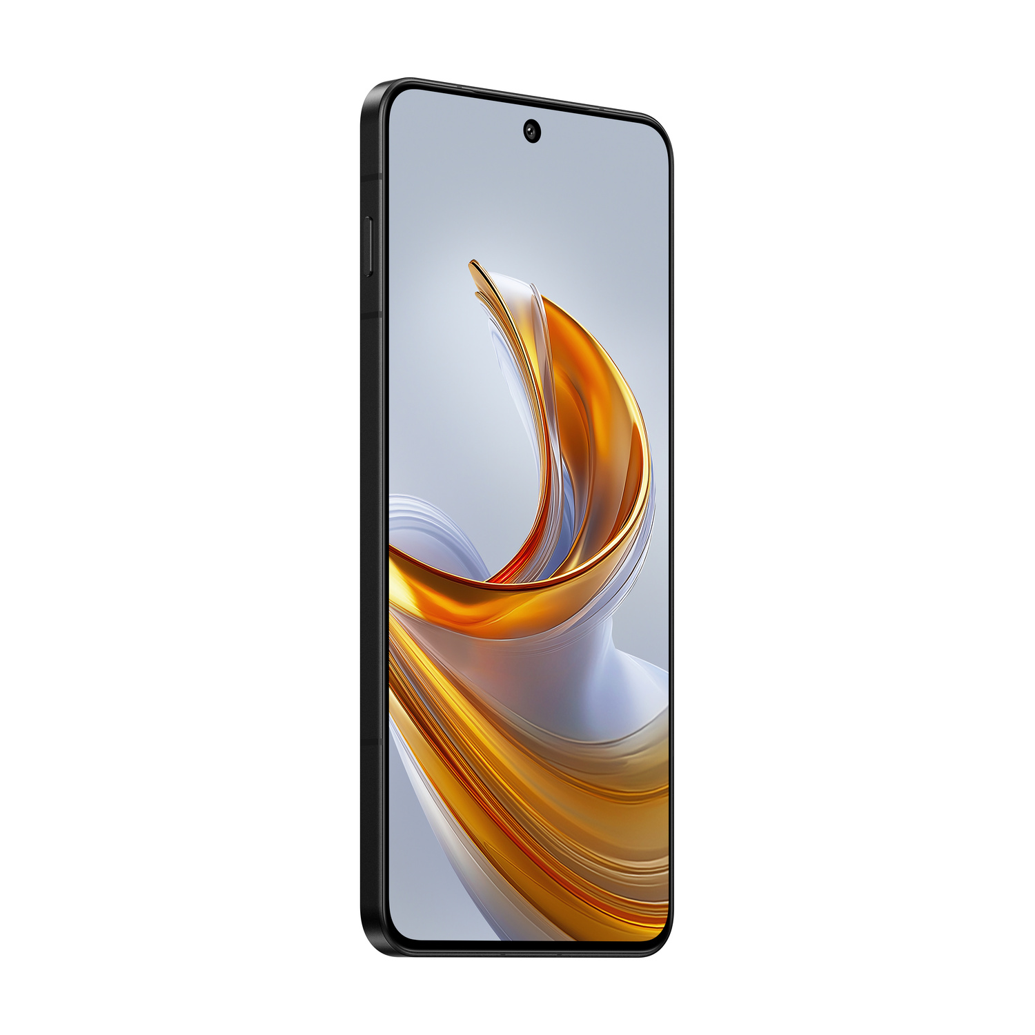 Uno smartphone nero con uno sfondo astratto dorato e bianco.