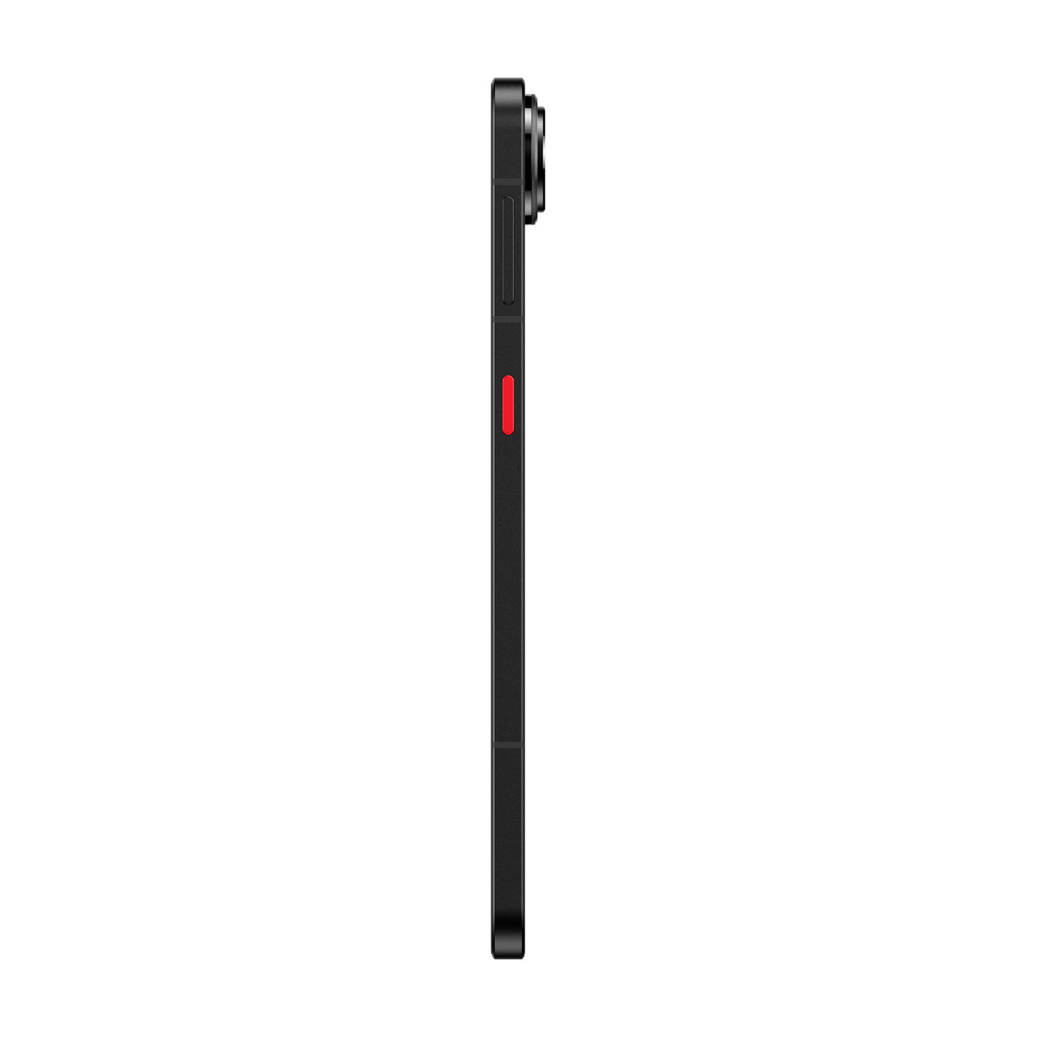 Smartphone nero di profilo con un pulsante rosso, sfondo bianco.