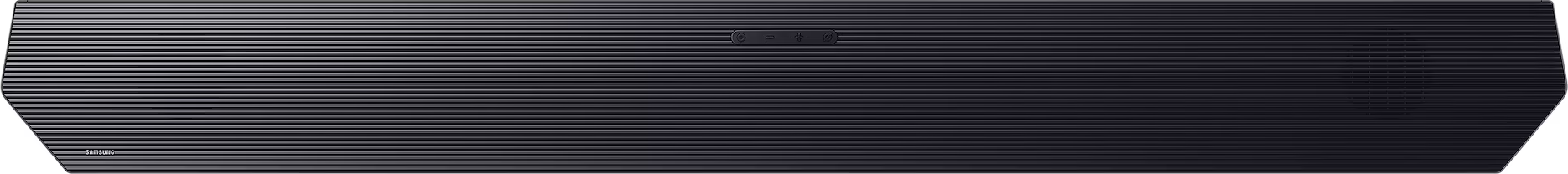 Schwarzer Samsung Soundbar mit geriffeltem Design und Bedienelementen.