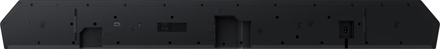 Rückseite eines schwarzen Soundbars mit Anschlüssen: USB, HDMI, optisch.