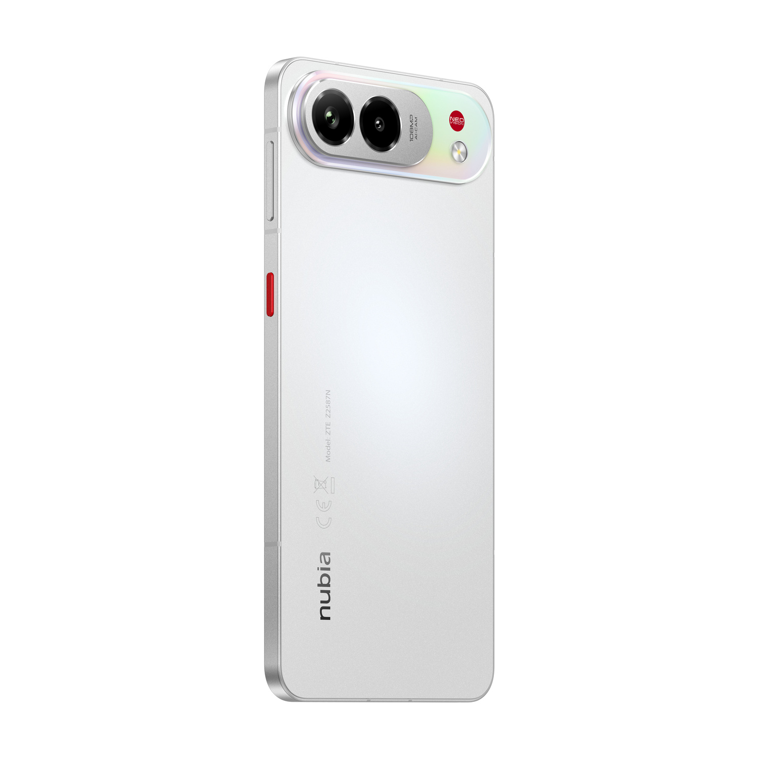 Retro smartphone bianco con tre fotocamere e accento rosso.