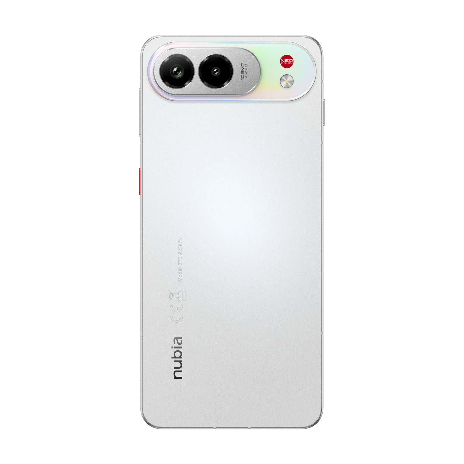 Retro di uno smartphone bianco con doppio obiettivo, logo Nubia e numero modello.