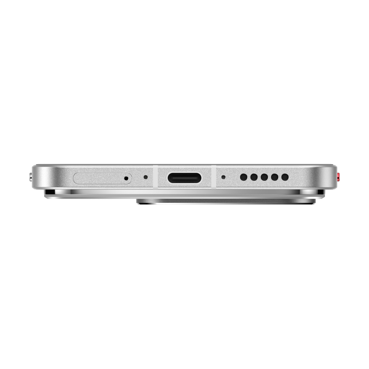 Corpo smartphone argentato con porta USB-C, microfono e fori altoparlanti.
