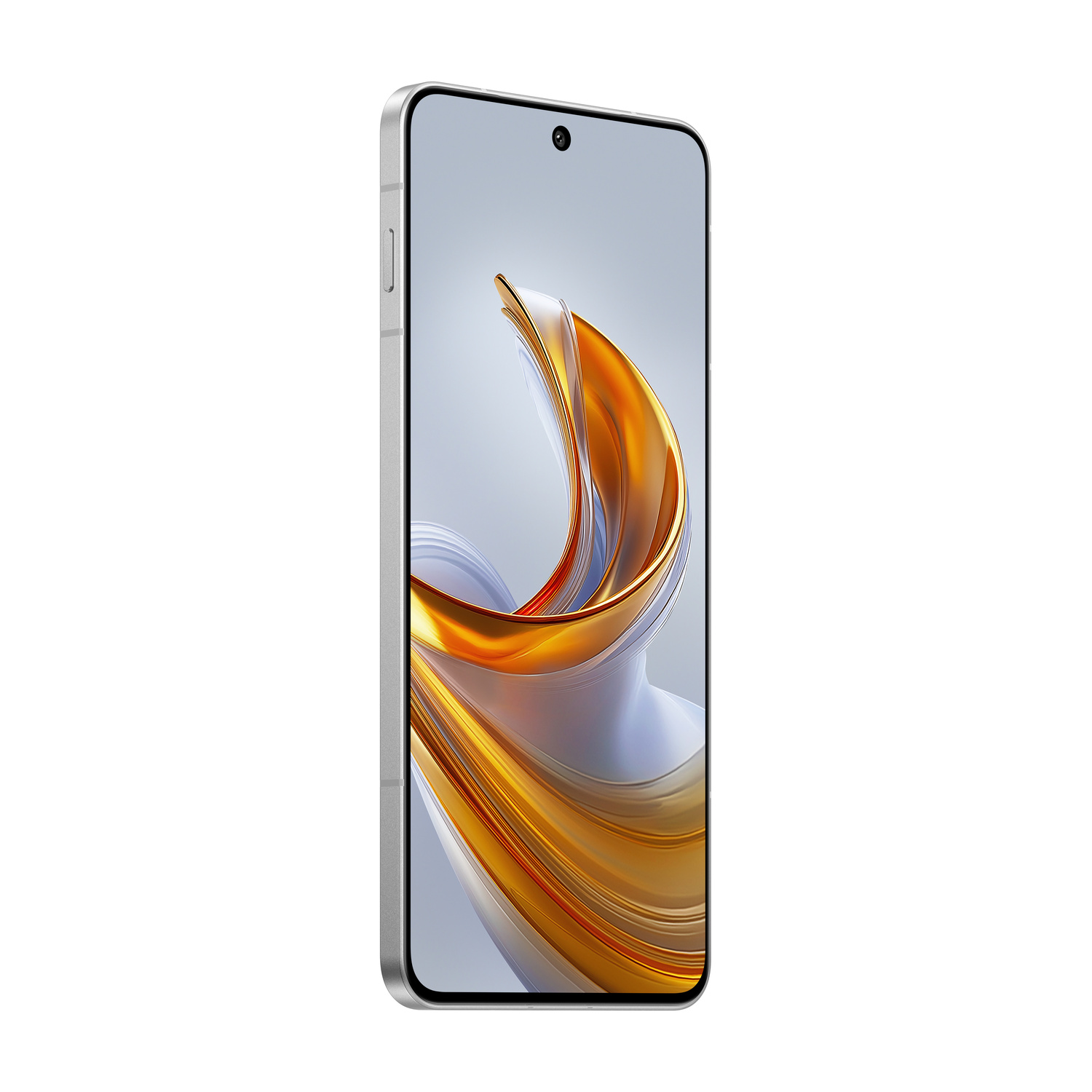 Uno smartphone argentato con uno sfondo astratto dorato e bianco.