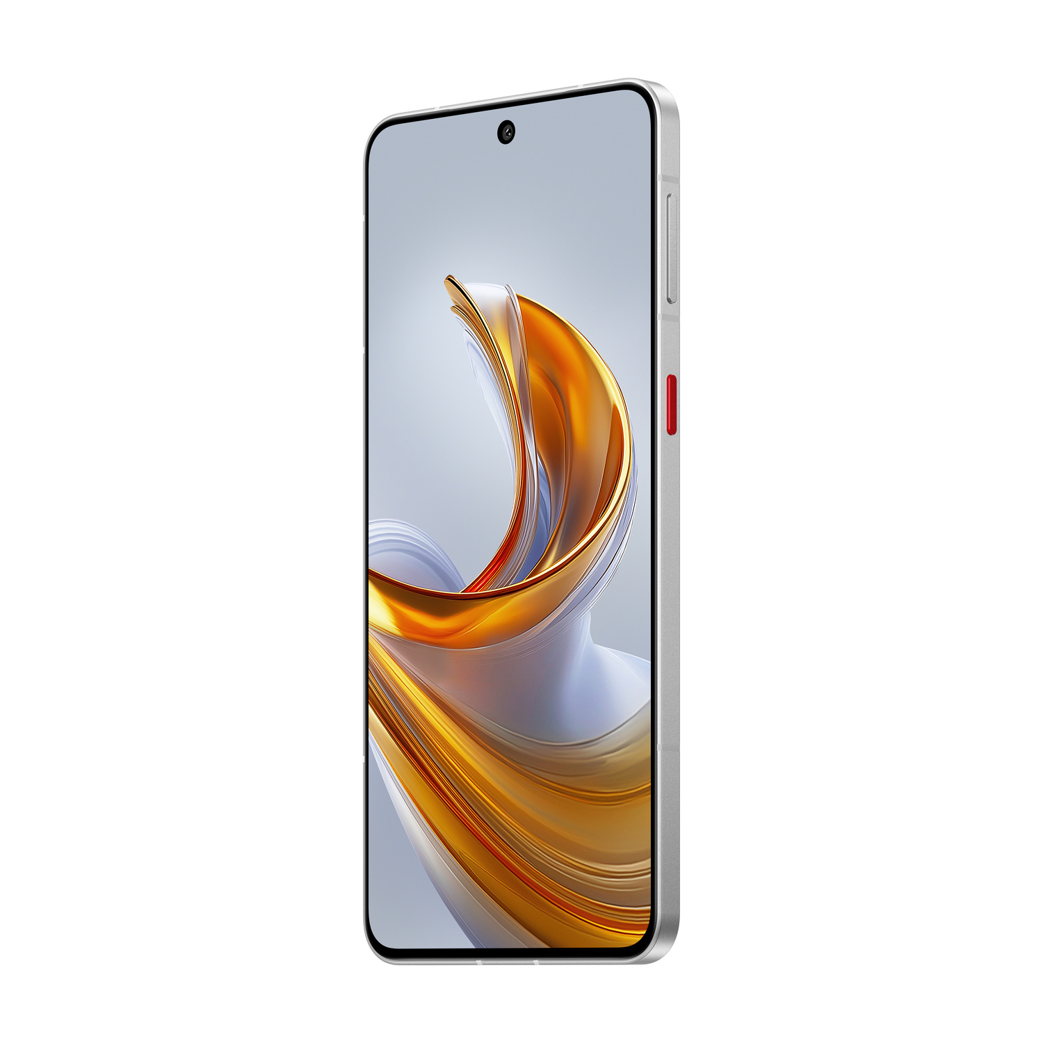 Uno smartphone argentato con un motivo astratto dorato e bianco sullo schermo.