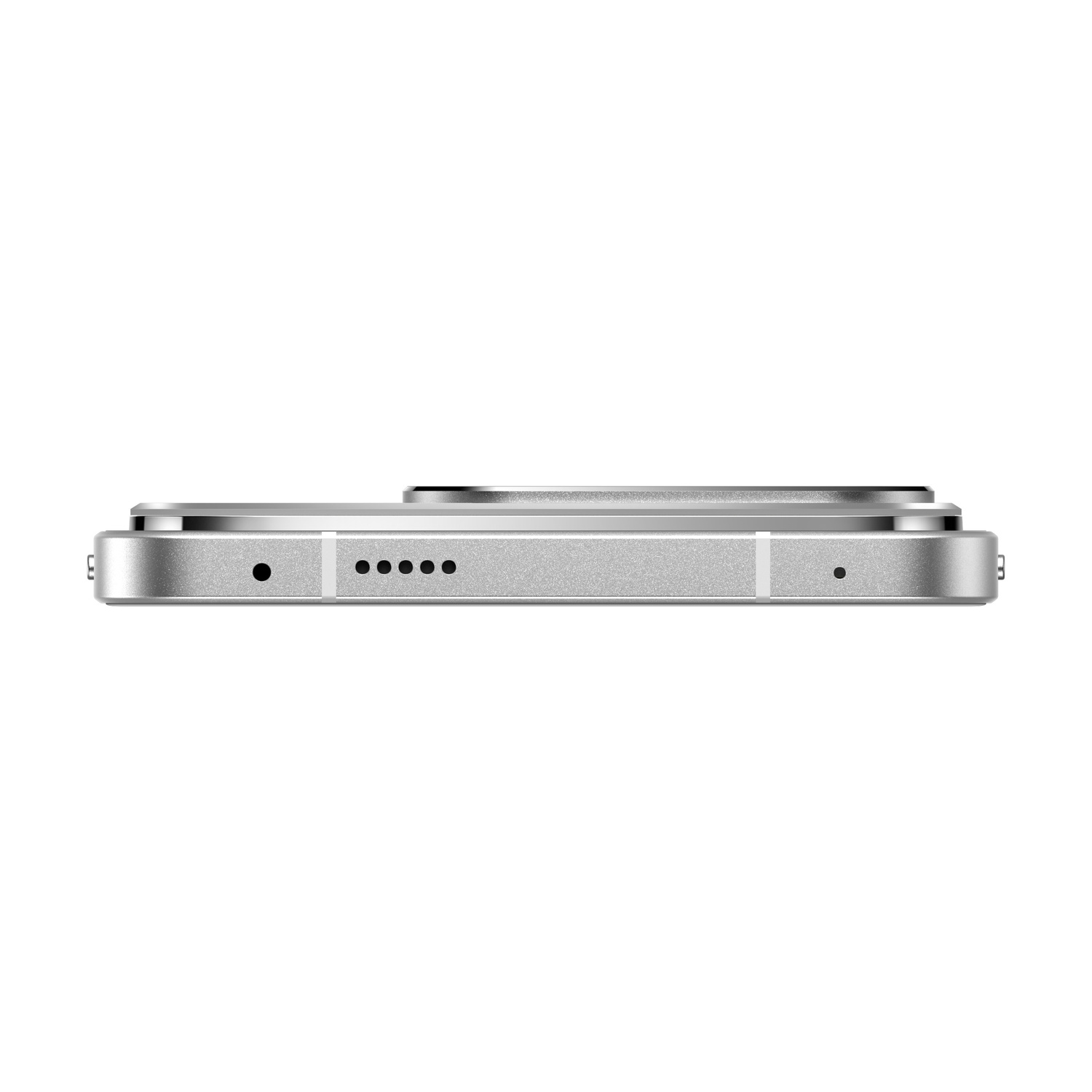 Smartphone argentato visto di lato, con porte e pulsanti.