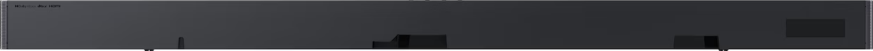 Dunkelgrauer Soundbar mit Dolby Atmos und HDMI-Logo.