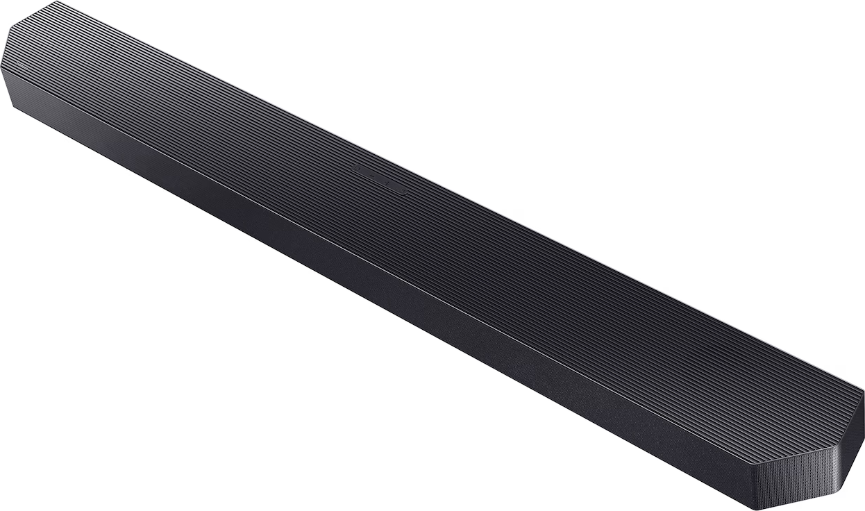 Schwarzer, gerippter Soundbar mit abgerundeten Ecken auf weißem Hintergrund.