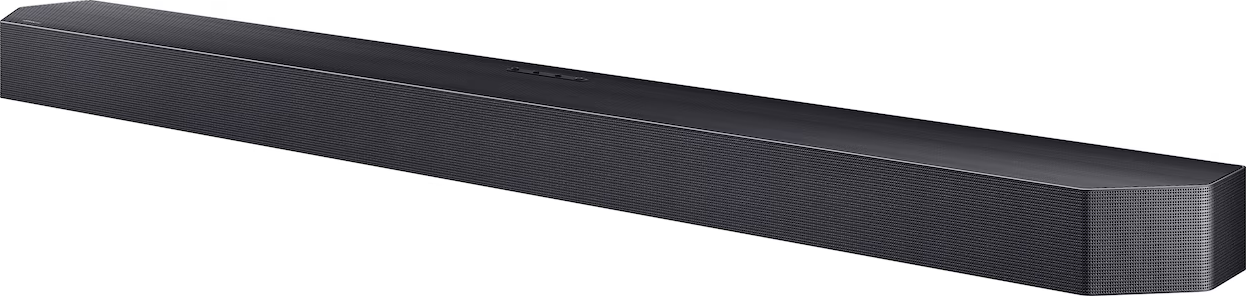 Eine schlanke, dunkle Soundbar mit texturiertem Gitter und Knöpfen oben.
