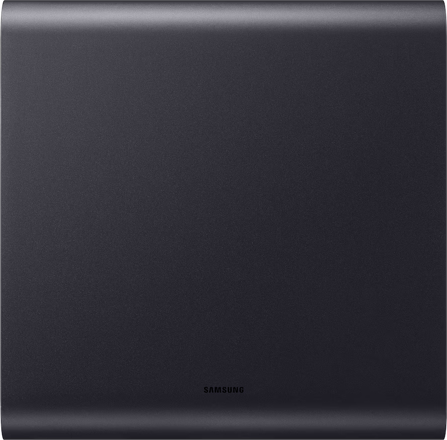 Dunkelgrauer Samsung Subwoofer mit gebogener Unterkante und gebürsteter Oberfläche.
